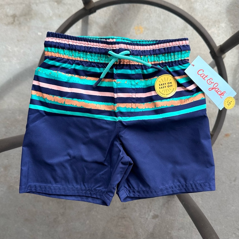 Cat & Jack Striped Swim Trunks in Navy Blue/Green/Peach - Size 2T